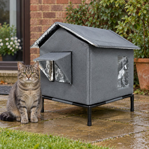 Tabby cat sitting beside the shelter on a wet patio