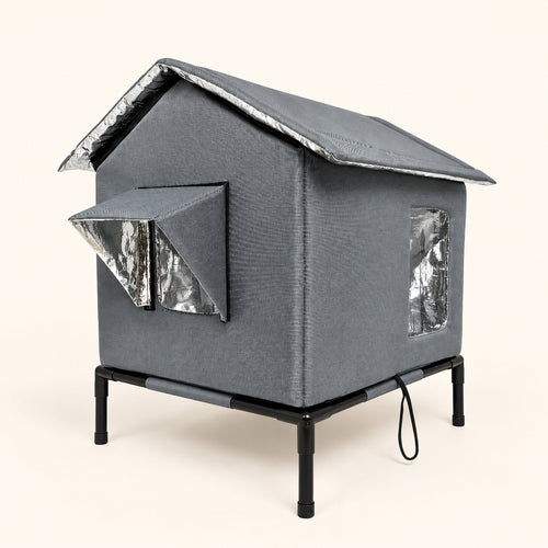 Cosy Cat House insulated outdoor cat shelter, grey, three-quarter view
