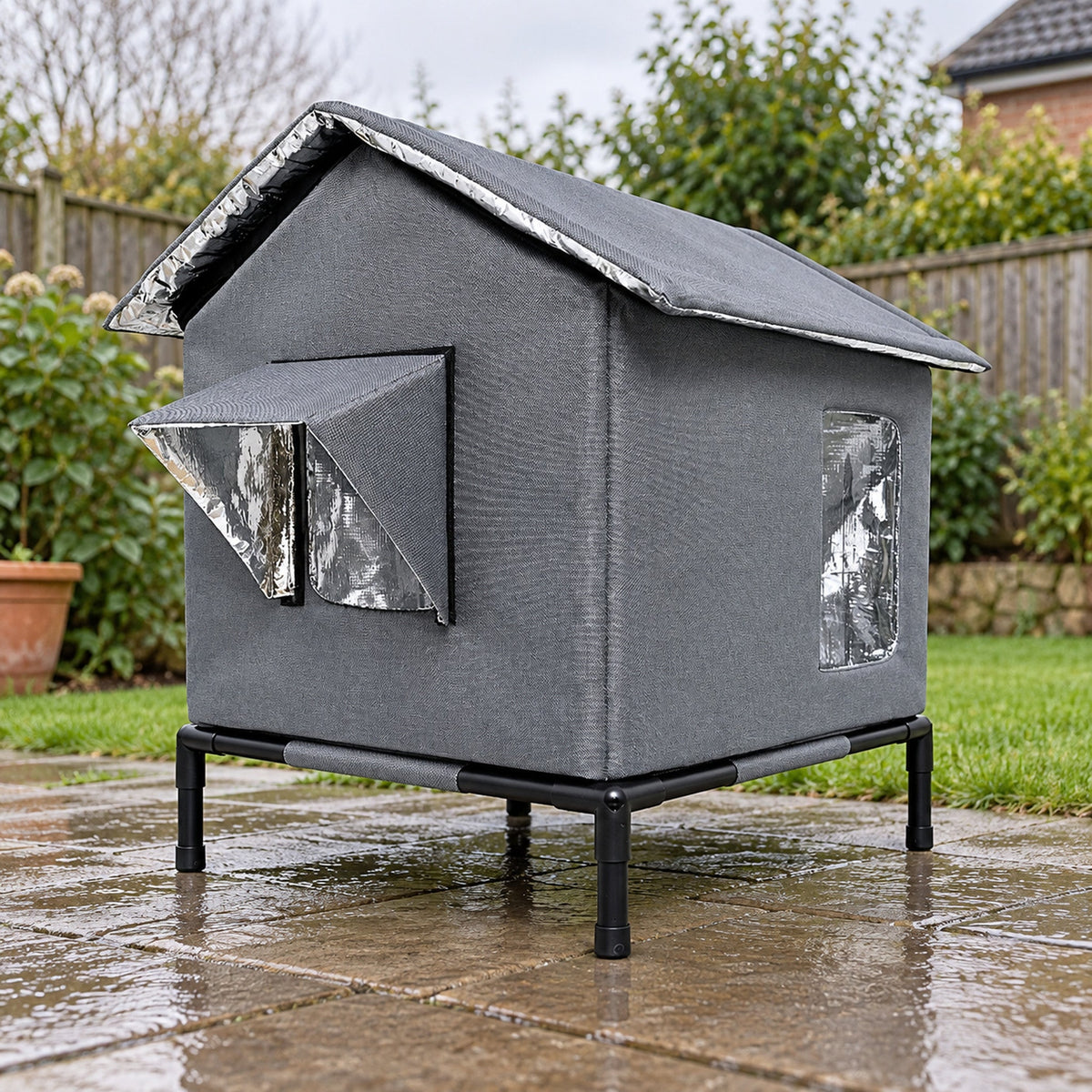 Raised legs keep the shelter off wet paving